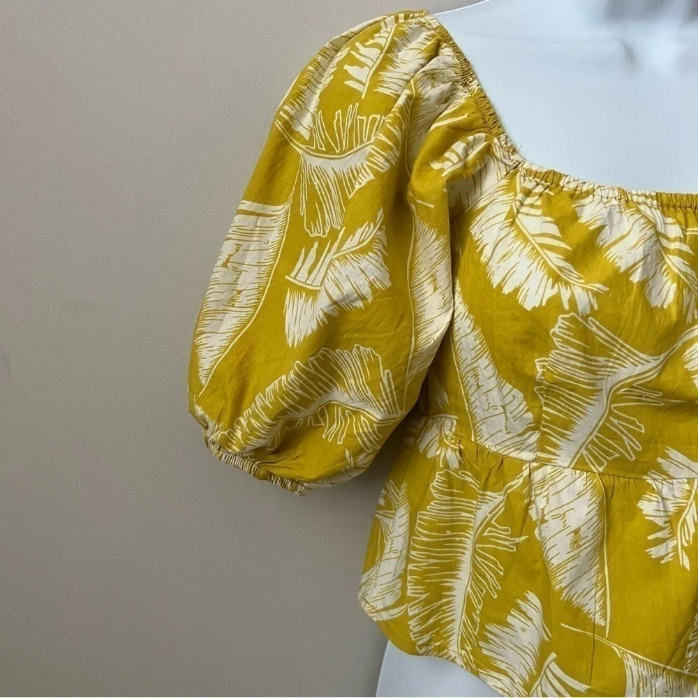 Sim & Sam Palm Print Cropped Top Puff Sleeve Yellow Chartreuse Tropical Boho S - Picture 3 of 10